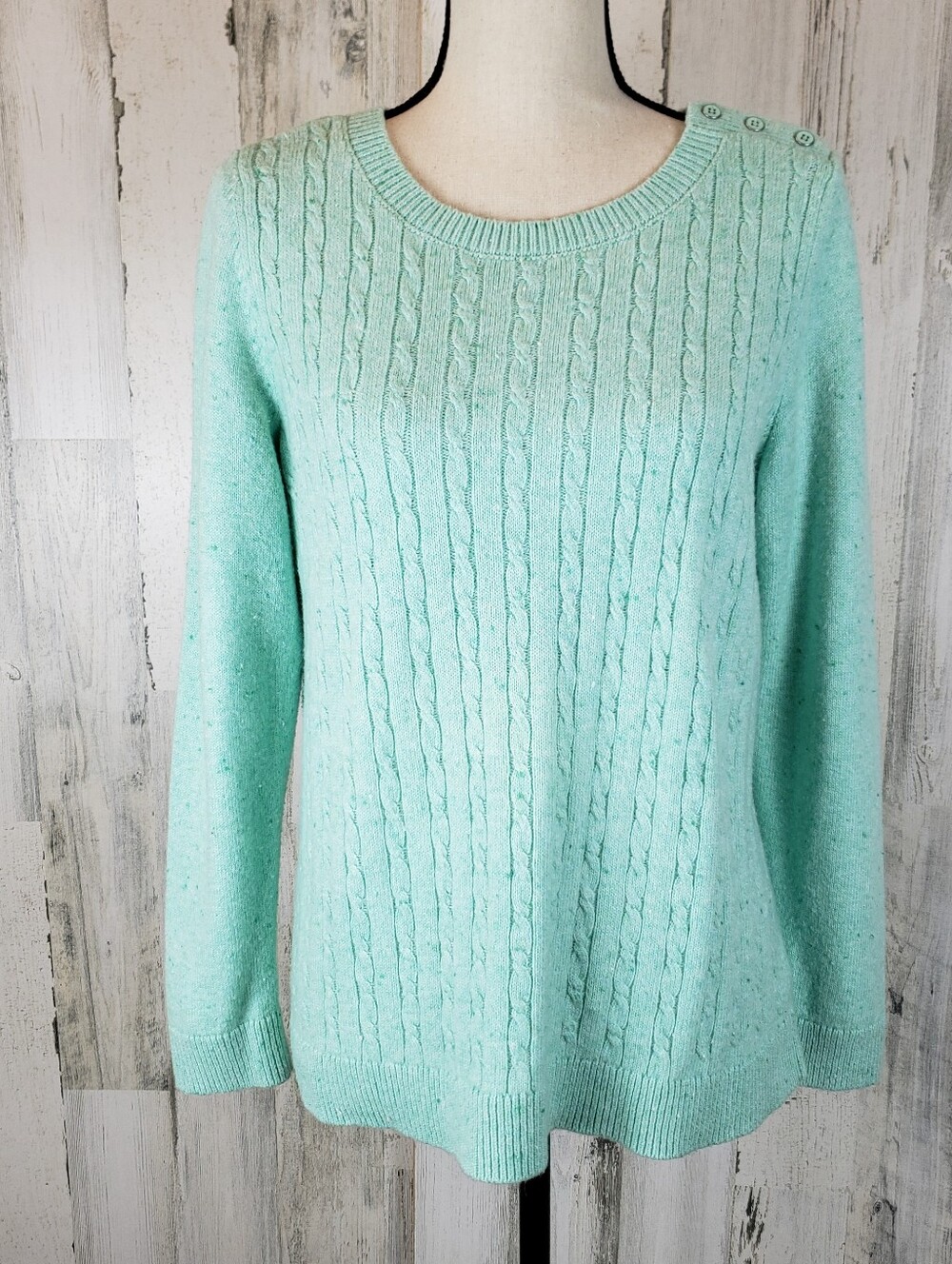 Talbots Mint Cable Knit Crewneck Sweater with Shoulder Buttons Size 0X